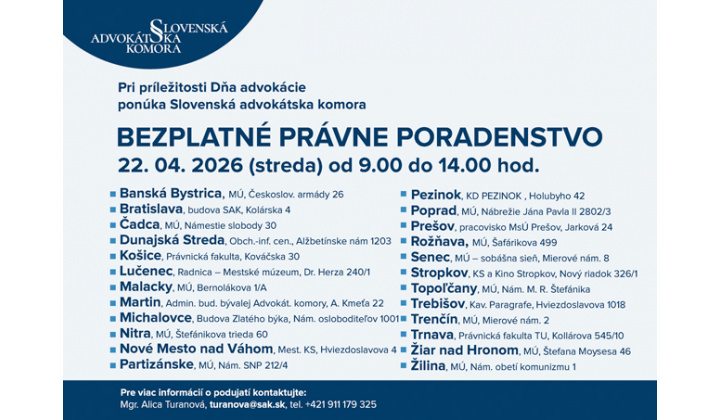 Fotka pre článok Bezplatná právna pomoc 22.04.2026